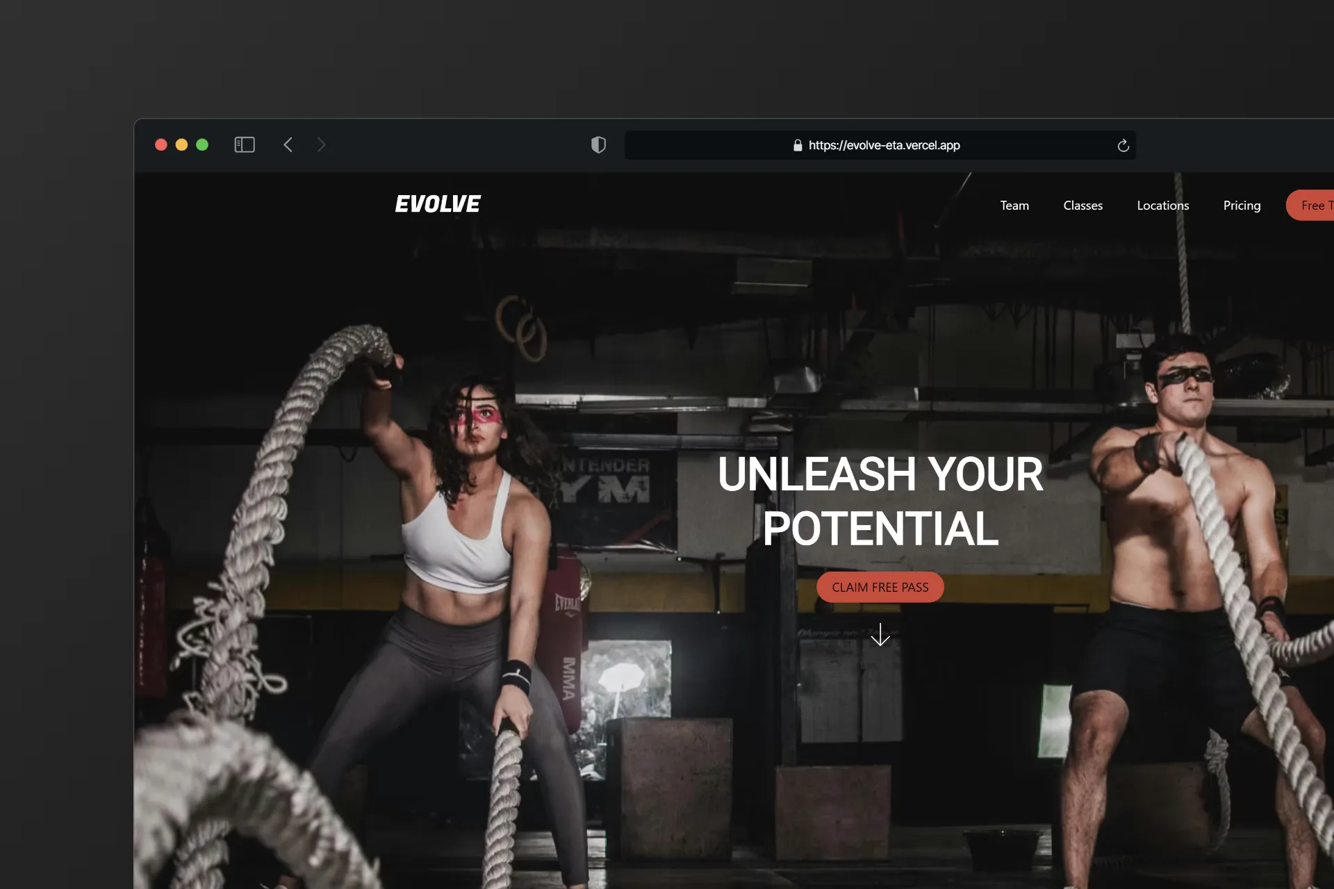 Captura de pantalla del proyecto EVOLVE GYM